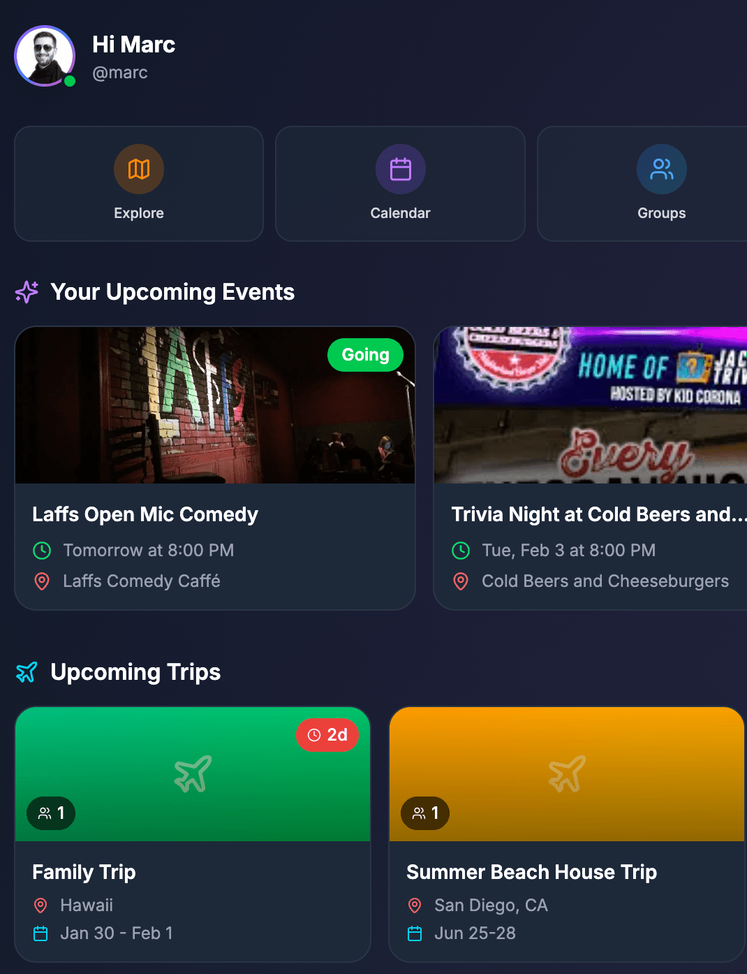 Joinue Dashboard showing upcoming events, trips, and quick actions