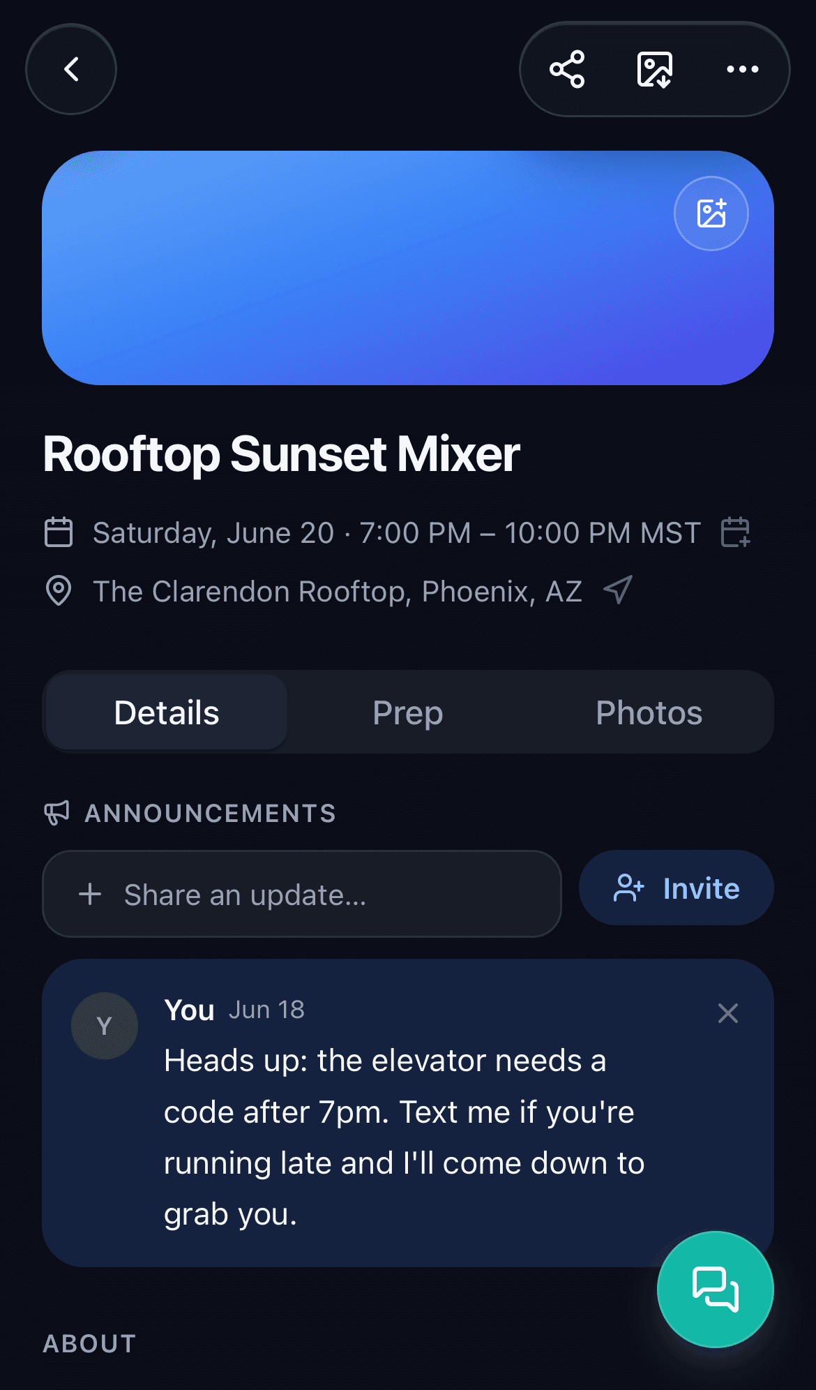 An event page in Joinue showing the guest list and RSVP