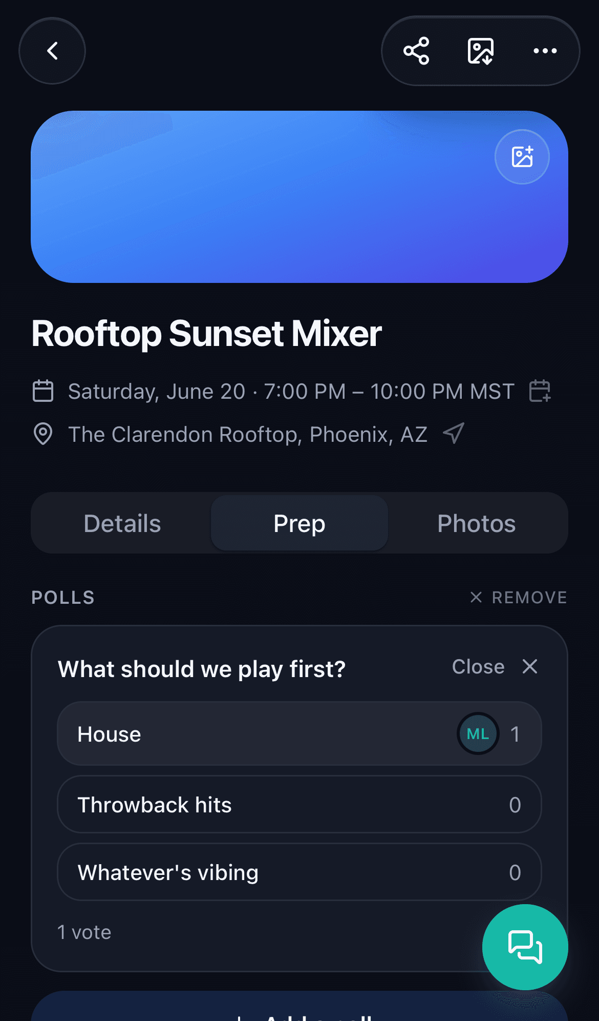 The event prep tab with a what-to-bring list and a poll