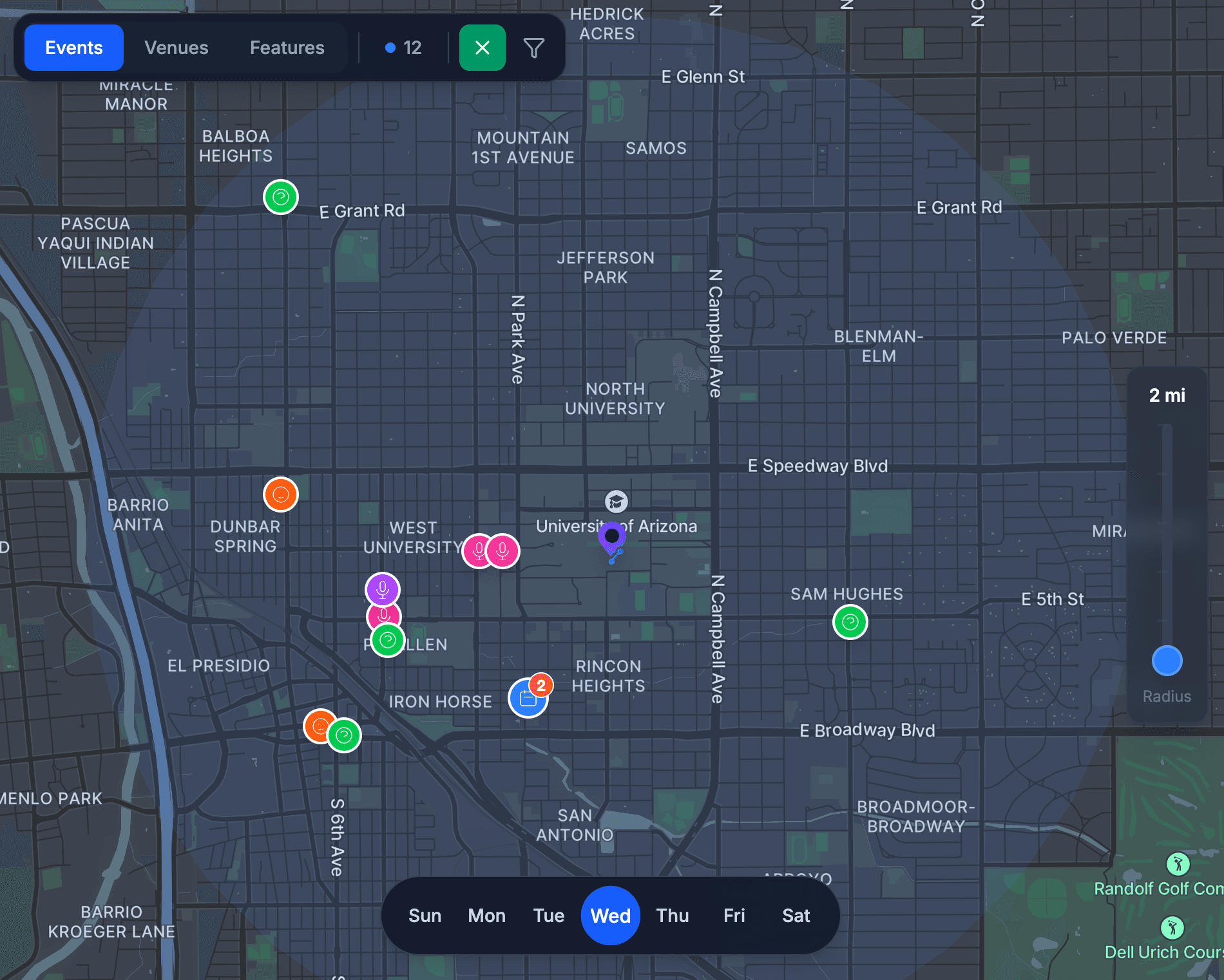 Explore feature showing local events and venues on a map with event cards