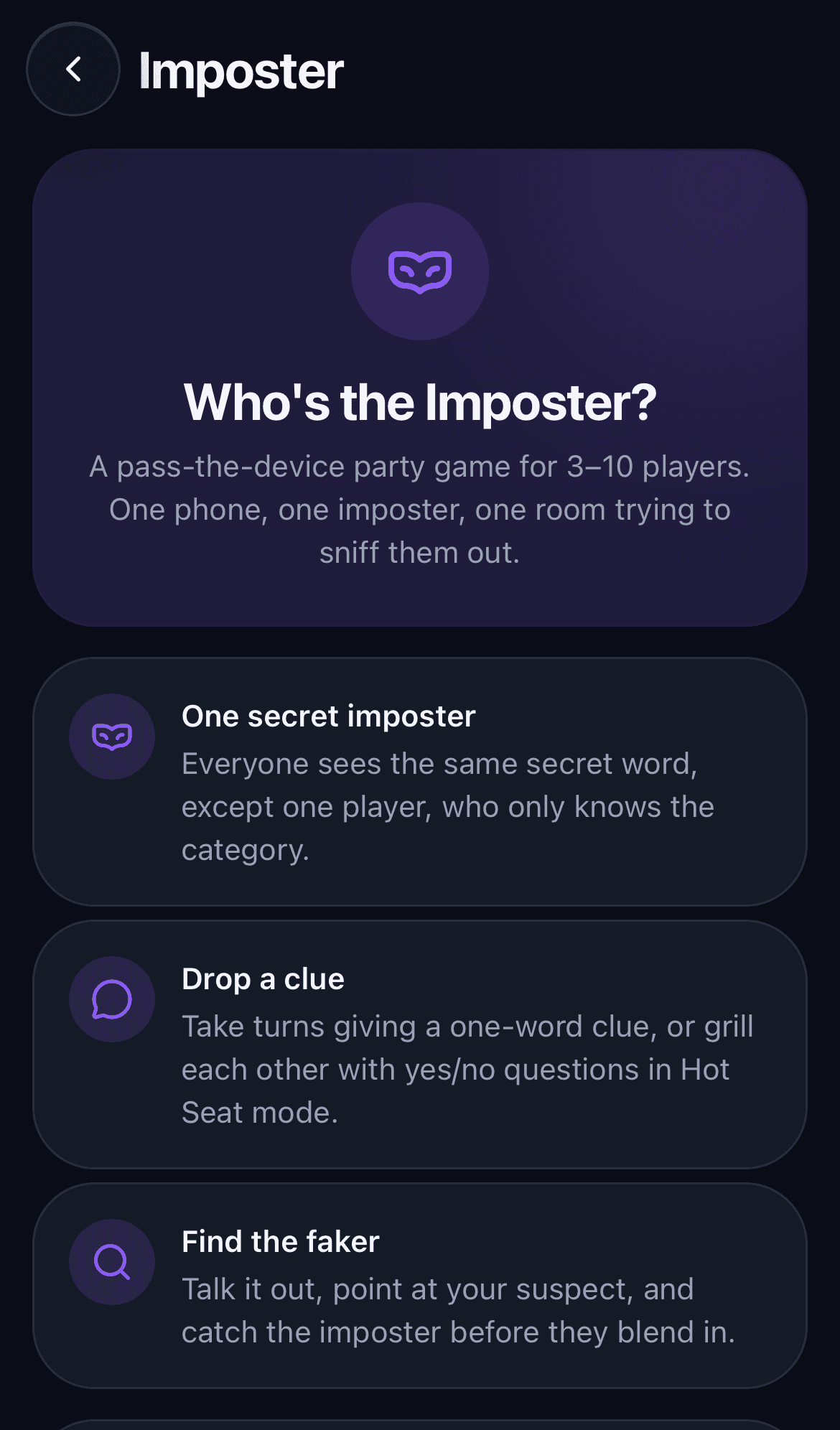 The Imposter party game role reveal screen
