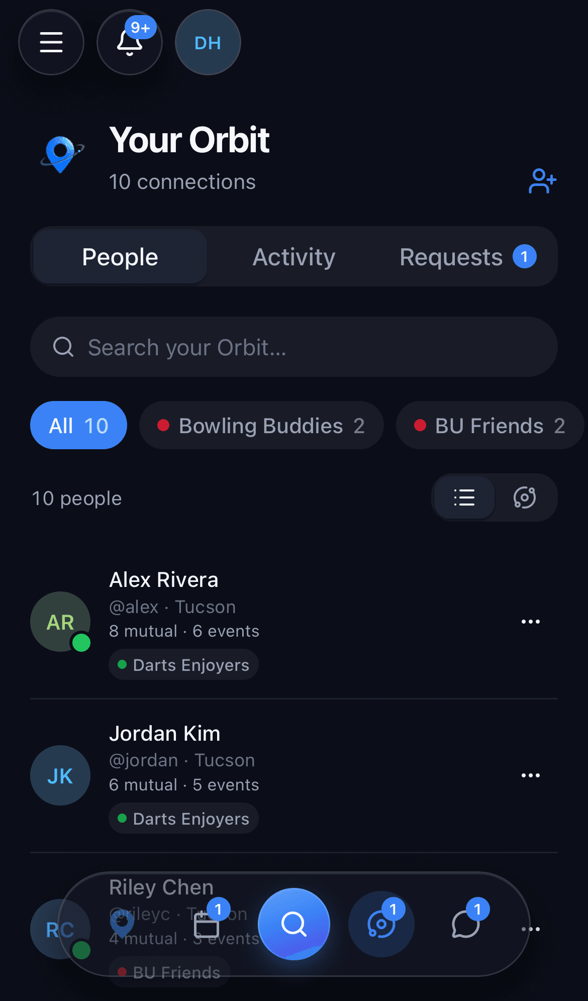 Your Orbit of connections sorted into clusters