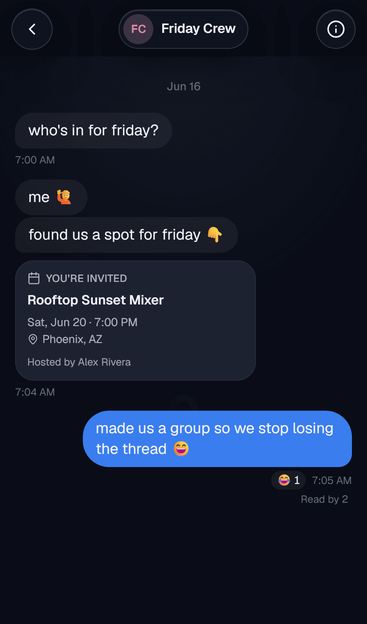 A group chat with a shared event invite card