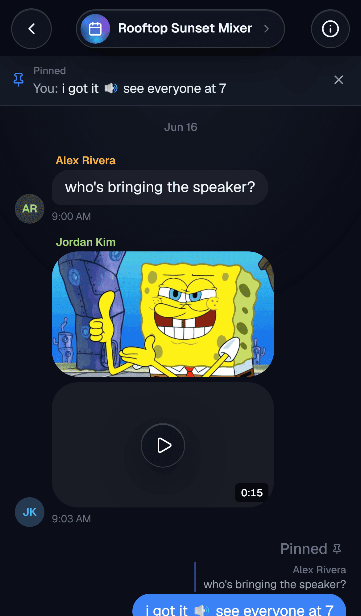 An event chat thread with a pinned message and a voice note