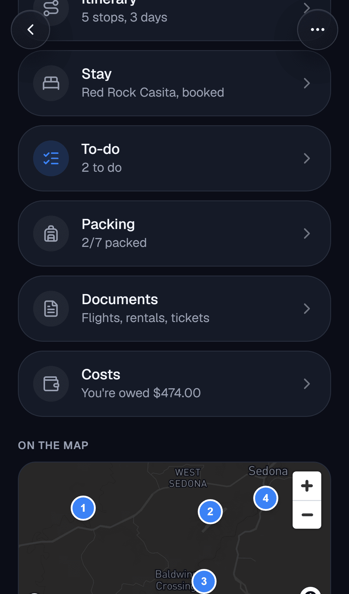 A trip itinerary with stops laid out by day