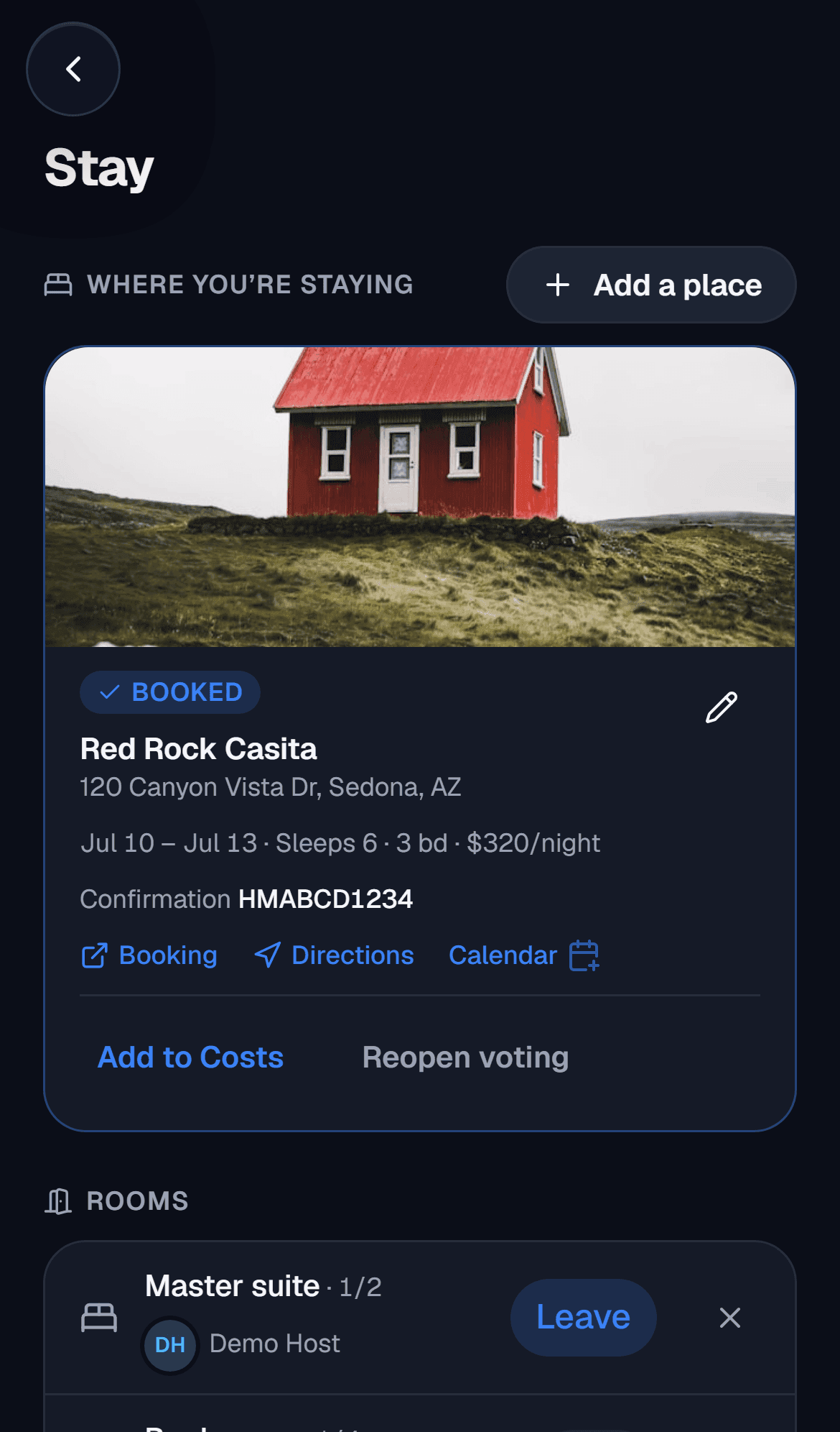 A lodging card with check-in details and crew votes